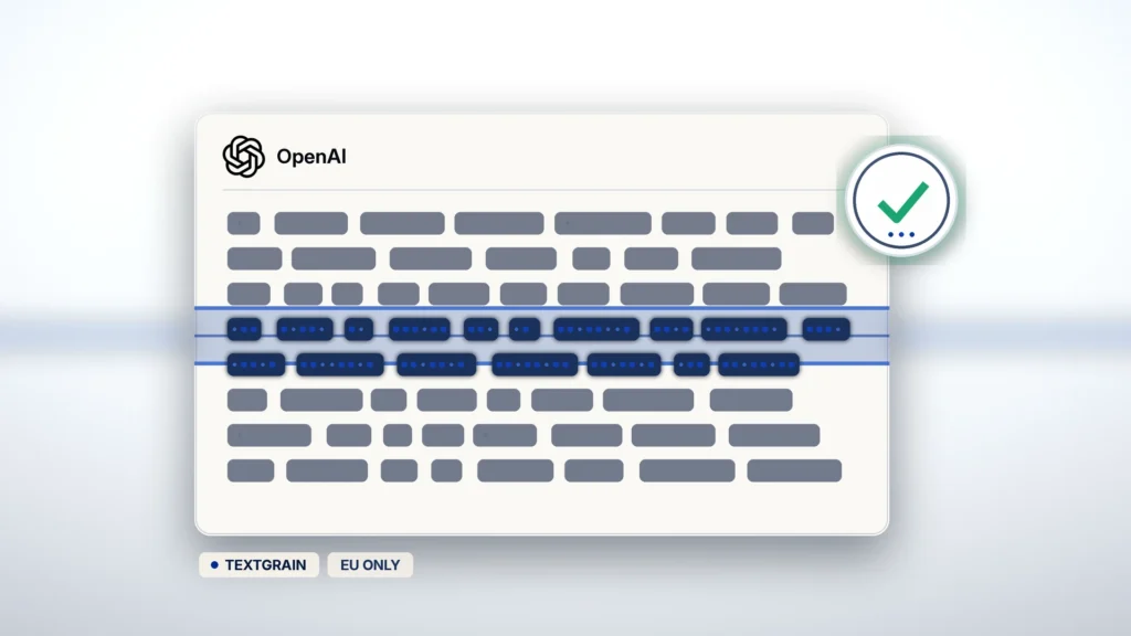 News illustration: on a cool chalk-bone field, a white document card with the OpenAI blossom shows abstract gray text bars; a thin EU-blue provenance ribbon cuts the mid-page and reveals an ink-blue statistical grain-dot pattern; a floating green check detector glyph sits on the right edge; chips TEXTGRAIN and EU ONLY.