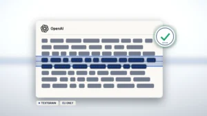 News illustration: on a cool chalk-bone field, a white document card with the OpenAI blossom shows abstract gray text bars; a thin EU-blue provenance ribbon cuts the mid-page and reveals an ink-blue statistical grain-dot pattern; a floating green check detector glyph sits on the right edge; chips TEXTGRAIN and EU ONLY.