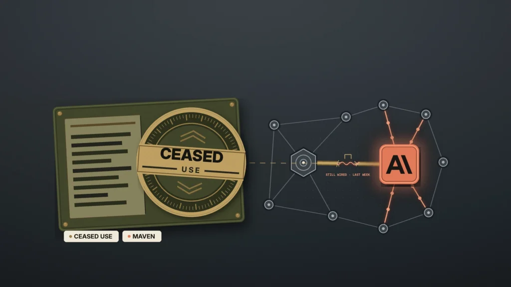 Abstract news illustration on an iron-gray background. On the left, an olive-drab metal plate has redacted document lines and a brass seal stamped "CEASED USE". On the right, a data-platform node graph has a warm orange Anthropic node still wired in: the main cable to it is cut, but a thin glowing filament and several live wires still connect it. Chips read CEASED USE and MAVEN.