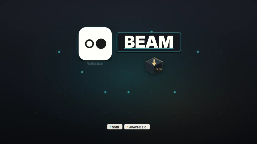 News illustration: on a deep graphite studio field with a sparse cyan-lit MoE lattice, the Reflection ○● brand mark sits primary on a frost-bone tile beside a strong cyan-edged BEAM wordmark plate; a warm-brass open-weight download cube sits under BEAM; chips 501B and APACHE 2.0.