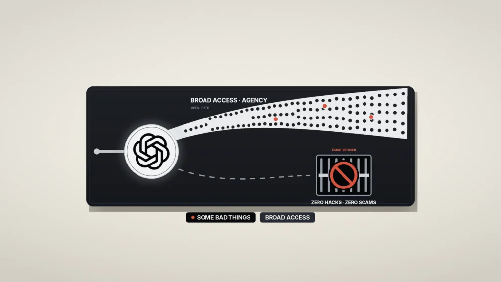 Abstract graphic: chalk-bone field with an OpenAI-ink dual-path tradeoff board. Frost medallion carries the OpenAI blossom at the fork. An open upper path labeled Broad Access / Agency widens with ink dots and a few coral accents; a lower dashed spur ends at a sealed Zero Hacks · Zero Scams gate marked Trade Refused with a coral ring-and-slash. Chips: Some Bad Things and Broad Access. No likenesses.