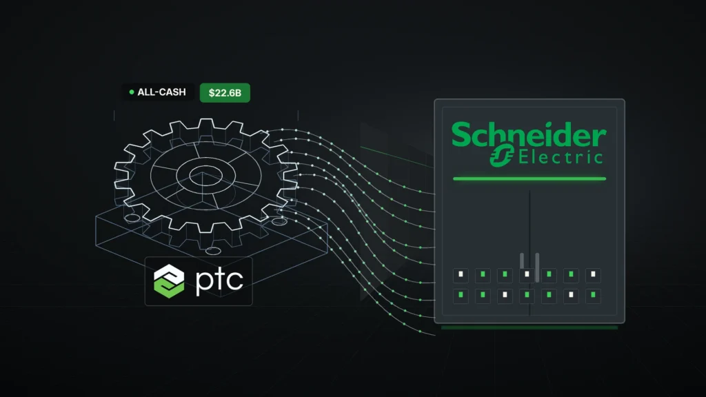 News illustration: on a graphite field, a glowing white wireframe CAD gear on a machined bracket labeled with the PTC logo streams green-dotted engineering-data lines into a dark switchgear cabinet carrying the green Schneider Electric wordmark; chips ALL-CASH and $22.6B.