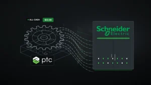 News illustration: on a graphite field, a glowing white wireframe CAD gear on a machined bracket labeled with the PTC logo streams green-dotted engineering-data lines into a dark switchgear cabinet carrying the green Schneider Electric wordmark; chips ALL-CASH and $22.6B.