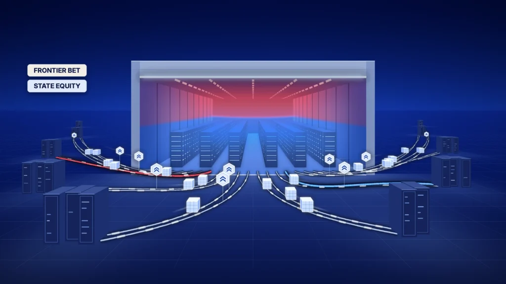 News illustration: on a deep cobalt floor at night, small dim clusters of server racks scattered around the edges send silver cables, including one red and one blue line, inward into a single large hall of glowing racks whose far end is lit red above and blue below, the light spilling across its ceiling and floor, while small data cubes and hexagonal badges ride the cables toward it; labels read FRONTIER BET and STATE EQUITY.
