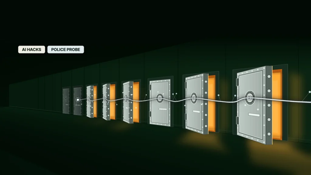 News illustration: in a dark green-black corridor, a row of steel vault doors recedes into the distance while a thin glowing white line threads along them, touching each door's dial; most of the doors it has touched stand ajar with warm amber light spilling onto the floor, and the two farthest doors remain shut and dark; labels read AI HACKS and POLICE PROBE.