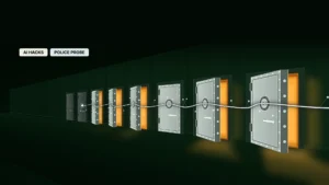 News illustration: in a dark green-black corridor, a row of steel vault doors recedes into the distance while a thin glowing white line threads along them, touching each door's dial; most of the doors it has touched stand ajar with warm amber light spilling onto the floor, and the two farthest doors remain shut and dark; labels read AI HACKS and POLICE PROBE.