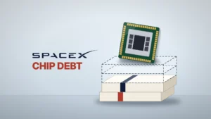 News illustration: the SpaceX wordmark and the words CHIP DEBT sit beside a large green AI chip package that hovers over a stack of banded paper bundles, two solid at the bottom and two more drawn only as dashed outlines, on a pale steel-blue background.