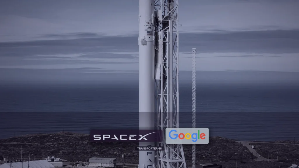 Photo of a SpaceX Falcon 9 on a coastal Vandenberg launch pad with its white strongback, graded midnight plum and steel. Small SpaceX and Google marks sit near the lower center; a quiet strap reads TRANSPORTER-18. No masthead, LATEST pill, or chip row.