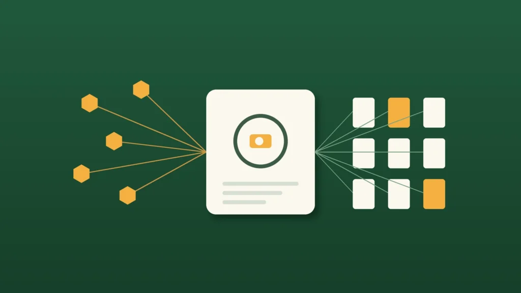 On a forest-green background, a cluster of amber hexagonal agent nodes streams toward a cream backup vault whose lock already holds a key tile, with lines fanning out from the vault to a grid of small doors, two of them glowing open.