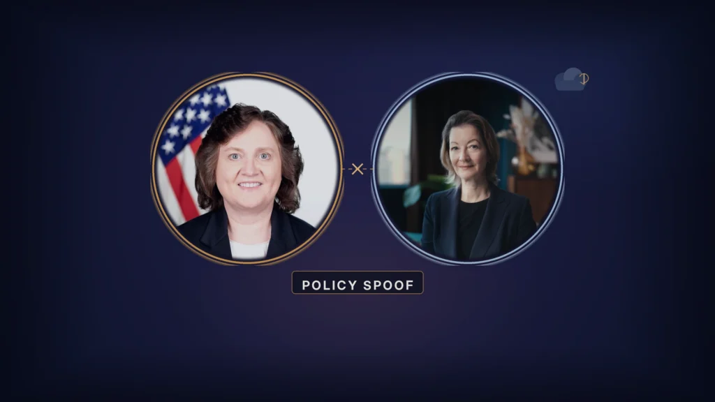 Dark indigo night-board graphic with two large circular portraits of AI policy figures Lynne Parker (left) and Heidi Crebo-Rediker (right), joined by a broken amber link marked with an X. A small cloud lure cue sits upper right; a short strap below reads POLICY SPOOF. No masthead or chip row.