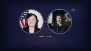 Dark indigo night-board graphic with two large circular portraits of AI policy figures Lynne Parker (left) and Heidi Crebo-Rediker (right), joined by a broken amber link marked with an X. A small cloud lure cue sits upper right; a short strap below reads POLICY SPOOF. No masthead or chip row.