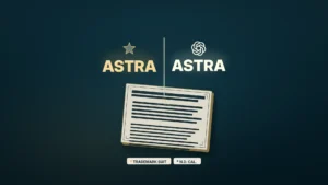 News illustration: on a deep midnight-teal field, the word ASTRA appears twice across a thin starlight vertical divider — parchment-gold with a neutral star glyph on the left, starlight white under the OpenAI blossom on the right — signaling reverse confusion over one name; a blank unreadable complaint plate with a parchment-gold filing edge sits behind; chips TRADEMARK SUIT and N.D. CAL.