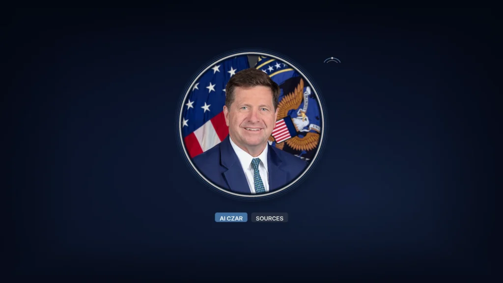 Official ODNI portrait of Jay Clayton, U.S. Director of National Intelligence, in a circular frame on a deep navy field with chips reading AI CZAR and SOURCES.