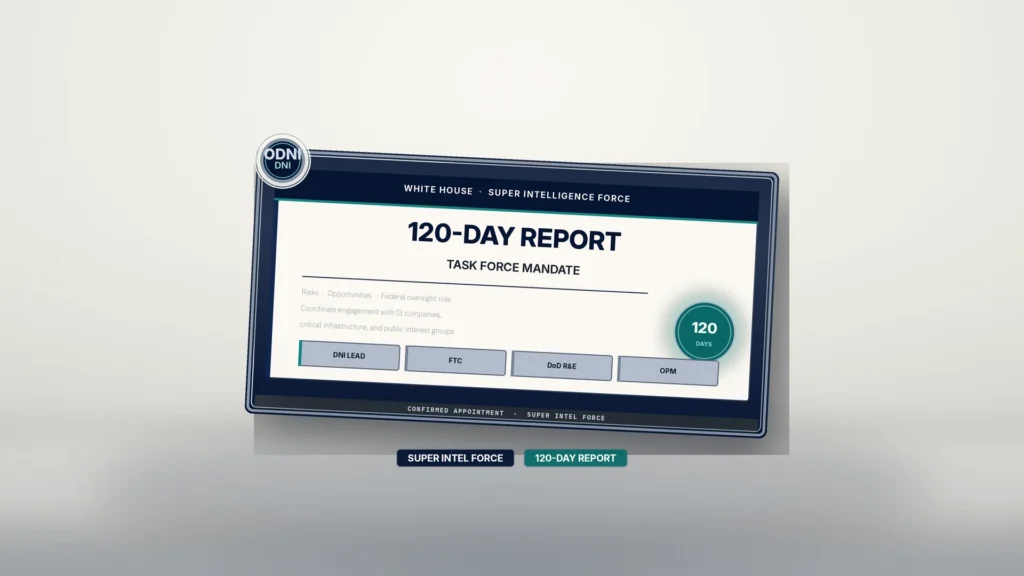 Abstract flat graphic: frost-bone field with a sealed Super Intelligence Force 120-DAY REPORT mandate plate (deep-navy shell, cool-steel rim, signal-teal 120-day seal); small ODNI institutional plaque on the plate edge; chips SUPER INTEL FORCE and 120-DAY REPORT. No faces, no parchment, no other marks.