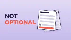 The words "NOT OPTIONAL" beside two stacked blank report forms on a lavender background, the front form showing a ticked checkbox and a coral submit bar.