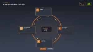 Educational diagram of an AI chip SPV leaseback loop: four numbered steps (fleet, into SPV, capital, lease back) arranged around a copper ring on a warm steel field; Amazon and Nvidia marks secondary; chips SPV LOOP and EXPLAINER.
